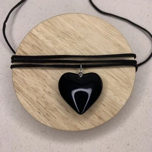 Sample Sale | Black Stone Heart Choker Rope Necklace Punk Goth Rock Emo Grunge - Picture 1 of 6