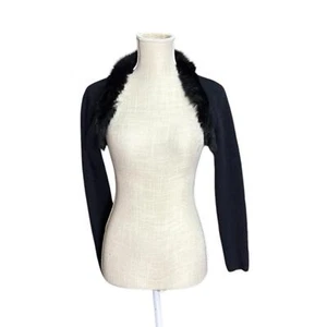 Vintage Mar Max Mat Shrug Crop Sweater Black Womens S Lambs Wool Blend Faux Fur - Picture 1 of 8