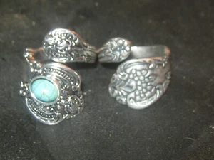 Lot Of 2 Vintage Style Adjustable Silver Turquoise Spoon Rings Sizes 6-10    - Picture 1 of 2