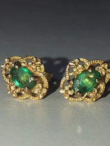 Vintage Tested as 9ct Yellow Gold Fancy Oval Solitaire Emerald Stud Earrings - Picture 1 of 9