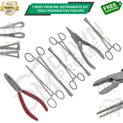 7 Body Piercing Instruments Kit Tools Penington Sponge Forceps, Skin Jewelry set - Image 1 of 4