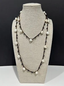 White Freshwater Pearls Knotted On Brown Rope 41” Long Necklace- Free Shipping! - Picture 1 of 11