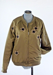 IKKS Girls Bomber Jacket Stars Embroidered Green Khaki  Front Zip Pockets Logo L