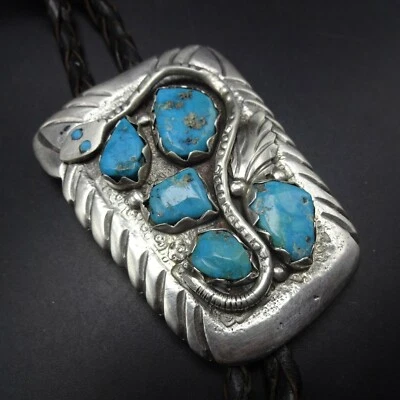 ANTIGUO BOLO Vintage Pesado Estampado a Mano Plata de Ley TURQUESA Motivo de Serpiente Foto 1 de 4