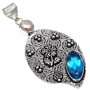 Pendant Swiss Blue Quartz Gemstone Handmade Silver Jewelry 3" - Picture 1 of 7