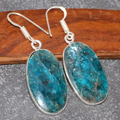 Impresionantes Pendientes Azul Apatita Chapados en Plata 925 1.7" Elegante Regalo GW Foto 1 de 3