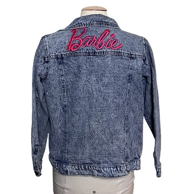 Barbie Girls Denim Trucker Jacket Size XL Acid Wash Pink Embroidered Logo Retro - Image 1 of 4