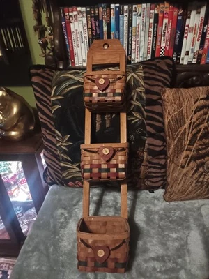 Triple wicker and wood basket,skinny tall design,country decor style look. - Image 1 of 4