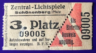 Eintrittskarte Ticket Billett  Schönenberg Pfalz Zentral-Lichtspiele 3. Platz - Bild 1 von 2