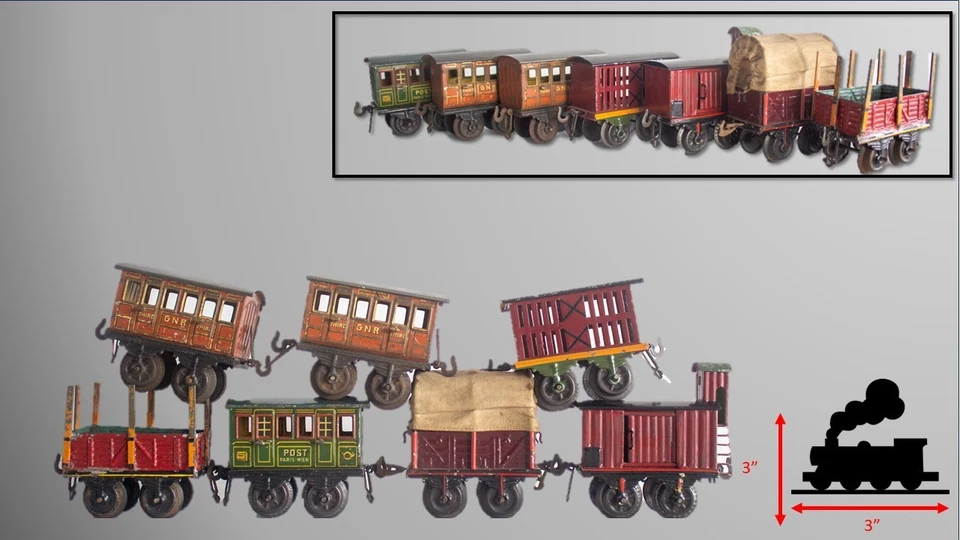 Early 1900's Bing Lot of 7 Bing 0-gauge Short Freight/Passenger Cars - Image 1 of 4