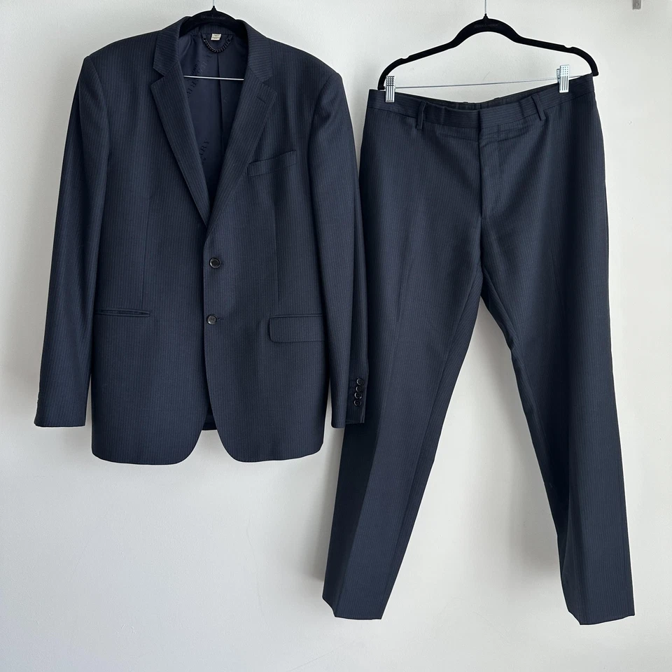 Traje Burberry London Hombre 54R 38R Azul Marino Rayas Lana Chaqueta Pantalones Hecho en Italia Foto 1 de 4