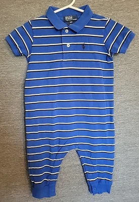 NEW Polo By Ralph Lauren Boy's 12M One Piece Romper Blue Stripe Cotton - Image 1 of 4