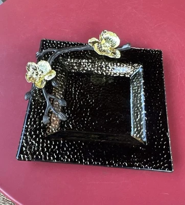 MICHAEL ARAM Gold Orchid Reverse Painted Glass Gold SnackbPlate Serving Dish 7” - Image 1 of 4