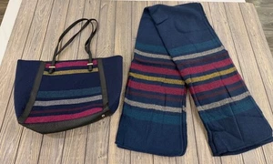 Vintage Striped Scarf & Tote Set - Navy Blue with Stripes Teal Pink Yellow - Picture 1 of 6