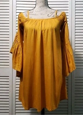 Feathers Off Shoulder Tunic Dress Women's Small Golden Bell Sleeve Embroidered  - Image 1 of 4