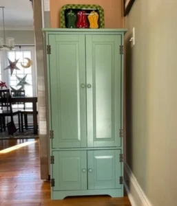 Wood Pantry Kitchen Utility Cabinet Retro Green Shelves 4 Door Laundry Closet - Picture 1 of 8