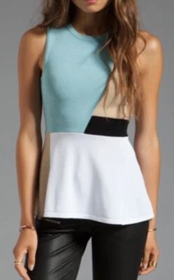 Woman TORN BY RONNY KOBO blue Tan White Black Sleeveless Peplum Sam Top Large - Image 1 of 4