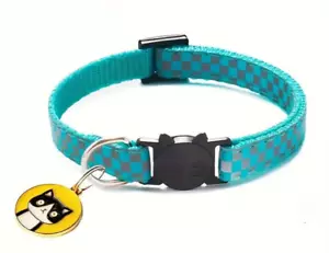 Katze Hund Haustier Halsband Kariert Abreißbar Katzengesicht Anhänger Reflektierend Türkis 7,4-12,6 - Bild 1 von 3