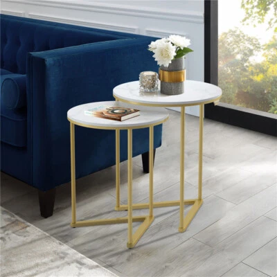 Gold Marble Nesting Side End Tables Set Of 2 Round Small Stacking Coffee Table - Image 1 of 4