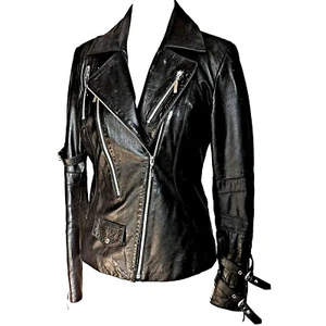 Inci Moda Black Leather Assymetrical Moto Biker Zipper Motorcycle Jacket Large - Picture 1 of 12