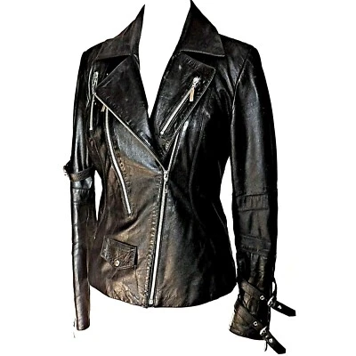 Inci Moda Black Leather Assymetrical Moto Biker Zipper Motorcycle Jacket Large - Image 1 of 4