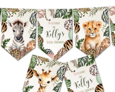 Personalised Jungle Safari Cute Baby Animals Baby Shower Bunting Decoration — 第 1/3 张图片