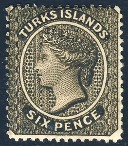 TURKS ISLANDS QV 1881 Six Pence Olive-Black Wmk Crown CC  SIDEWAYS SG 51 MINT - Picture 1 of 2
