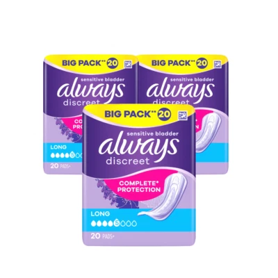 Always Discreet Long Pads Value Pack 20 x 3 Pads Incontinence Protection