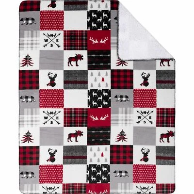 Throw Knit Printed Flannel Sherpa Rustic Patchwork 48"x60" - Image 1 of 3