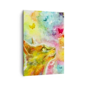 Impression sur Toile 70x100cm Tableaux Image Chat papillon arc-en-ciel magie - Foto 1 di 10