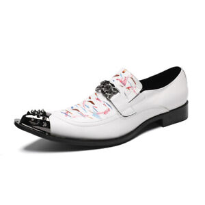 Floral Print Chain Metal Pointed Toe Party Clubwear Real Leather Mens Shoes 2024