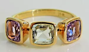 STUNNING LARGE 18ct GOLD PRASIOLITE & AMETHYST RING 1 1/2 Carat each stone SizeW - Picture 1 of 15
