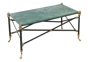 Neoclassical Green Marble Top Cocktail Table With A Campaign Style Iron Base - Picture 1 of 6