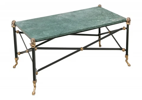 Neoclassical Green Marble Top Cocktail Table With A Campaign Style Iron Base Cover