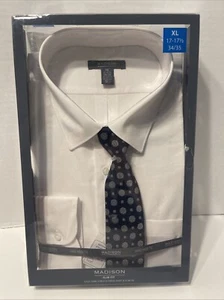 Madison Slim Fit Men’s XL White Easy Care Stretch Dress Shirt And Slim Blue Tie - Picture 1 of 15
