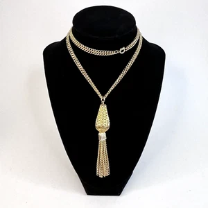 Vintage Tassel Gold Tone Necklace Double Strand Curb Chain 23" + 4" Pendant - Picture 1 of 4