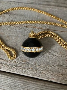 Vtg Gold Tone Nat Landau Hyman NLH Necklace Black Enamel Ball Charm Rhinestones - Picture 1 of 5