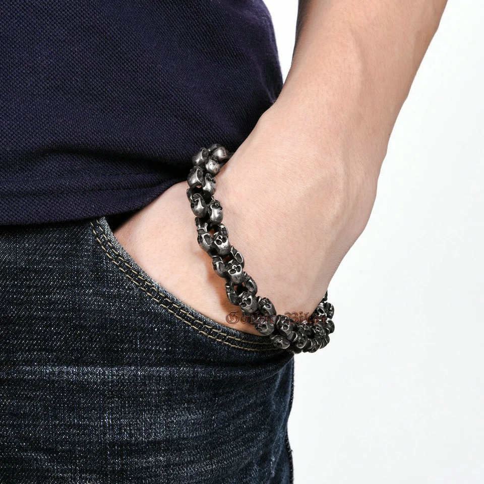 Pulsera/Collar Eslabones Calavera Sólidos Hipoalergénico Acero Inoxidable Tono Gunmetal Foto 1 de 4