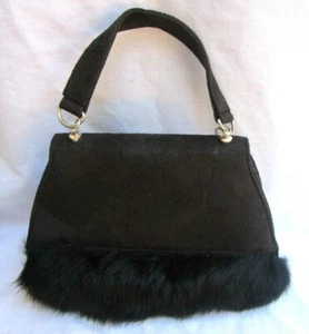 PIERRE DUMAS..SMALL BLACK EVENING PURSE / HANDBAG w REAL FUR TRIM..GOLD CHAIN - Picture 1 of 5