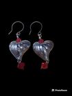 Silver Bubble Heart Earings with Red Bead