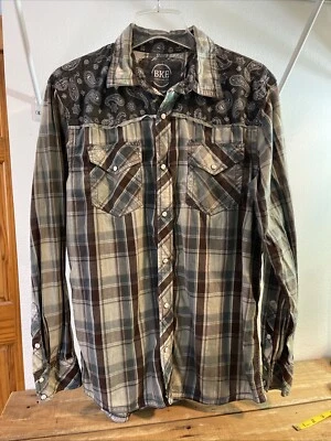 Camisa masculina Fivela BKE Pearl Snap ajuste padrão L azul paisley xadrez faroeste - Imagem 1 de 4