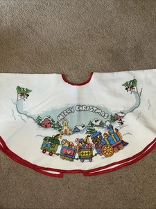 Finished Cross  stitch completed Christmas Tree Skirt Hand Made.  Bear Train - Bild 1 von 5