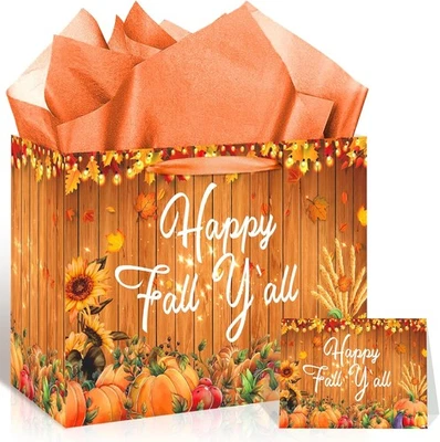 Bolsa de regalo de cosecha de otoño de 1 pieza con papeles de seda y tarjeta, bolsa de regalo Happy Y'All auténtica Foto 1 de 4