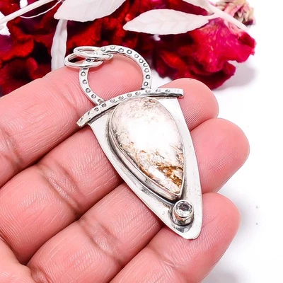 Кулон из стерлингового серебра 925 пробы с дикой лошадью яшмой - Аризона и белым топазом 2,5 дюйма P8411 - Изображение 1 из 4