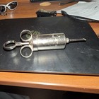 Vintage Metal Medical Syringe w/ Plunger, Finger Rings & Attachments