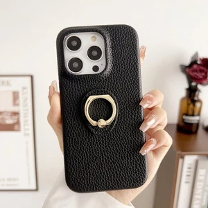 For iPhone 15 Pro Litchi Texture Ring Holder Shockproof Phone Case(Black) - Picture 1 of 6