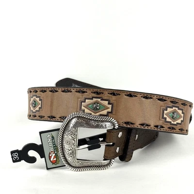 NUEVO Cinturón de cuero marrón vaquero occidental con tachuelas aztecas Nocona para hombre 38 nuevo con etiquetas N210004302 Foto 1 de 4