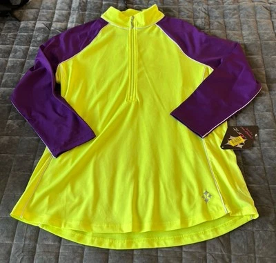 NUEVO CON ETIQUETAS JoFit Bloque de Color Cuello Simulado Manga Larga 1/4 Cremallera Púrpura Amarillo Talla Grande Foto 1 de 2