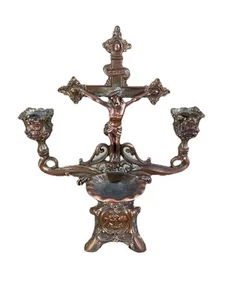 Massiver Messingguss Vintage Weihwasser Katholische Messe Altar Kruzifix Kerzenhalter - Bild 1 von 6