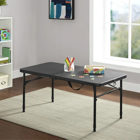 4 Foot Fold In Half Table Adjustable Folding Table in Rich Black Camping Table Cover